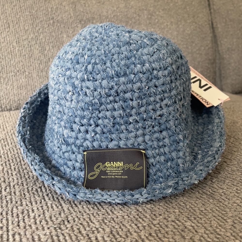 GANNI Cotton Denim Crochet Bucket Hat - Picture 3 of 11
